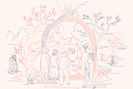 A soft line illustration in pink and blue of people gathering beneath a large arched tree in a natural landscape, symbolising community and connection.